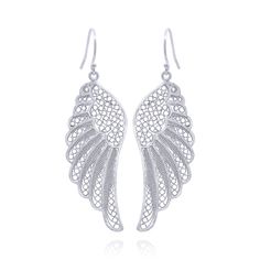 Nothing completes an outfit quite like this stunning pair of Angel Wing Earrings Silver Filigree. You will definitely be noticed when you enter a room wearing this stunning pair of angel earrings. The intricately detailed silver filigree design shines delightfully and will enhance virtually any attire, from adding a little drama to your favorite pair of jeans and tee-shirt to adding a touch of sparkle to your most beloved evening dress. Features: Sterling Silver 970 Hand-crafted Dimensions: 2" L Winged Sterling Silver Earrings In Silver, Silver Winged Sterling Silver Earrings, Silver Sterling Silver Winged Earrings, Elegant Winged Earrings For Gift, Elegant Angel Wings Earrings As Gift, Elegant Angel Wings Earrings For Gift, Elegant Angel Wings Jewelry, Elegant Silver Angel Wings Jewelry, Elegant Silver Winged Earrings