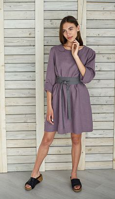 "This Lavender dress with wide belt and side pockets is very comfortable. It is perfect for any occasion and for any season. You can wear the dress with belt or without it, sleeves can be folded or unfolded. The color of belt please note while ordering in the note for the seller. Natural high-quality linen is quite dense and looks nice even without ironing. Each dress is hand made with love to nature. We use only natural fabric to create our things. Model is wearing size M GENERAL SIZE CHART: SI Linen Tunic Dress For Work, Casual Long Sleeve Belted Dress For Daywear, Belted Long Sleeve Linen Dress, Chic Long Sleeve Linen Workwear Dress, Summer Linen Long Sleeve Work Dress, Chic Long-sleeved Linen Mini Dress, Chic Linen Long Sleeve Mini Dress, Long Sleeve Linen Dress For Work, Chic Linen Mini Dress With Long Sleeves