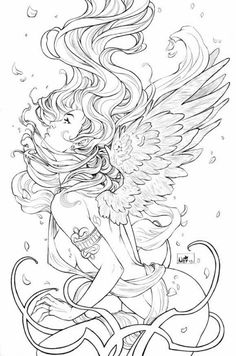 a drawing of an angel sitting on top of a bench with her hair blowing in the wind