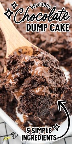 delicious chocolate dump cake recipe in a white dish with a wooden spoon scooping out