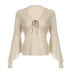 Lasaky - Stylish Casual Jacquard Mesh Blouse with Ruffled Sleeves and Tie Collar, Loose Fit Top Flared Sleeves Top, Flare Long Sleeve, Mesh Blouse, Ruffles Fashion, Cutout Design, Long Sleeve Knit Sweaters, Loose Fitting Tops, Plaid Fashion, Ruffled Sleeves