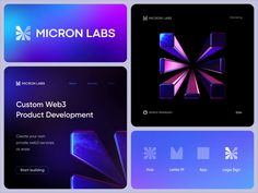 the micron labs website is displayed in three different colors and sizes, including blue, purple