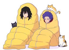 an image of two people in sleeping bags with cats sitting on the floor next to them