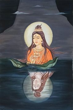 a painting of a woman sitting on top of a boat in the middle of water