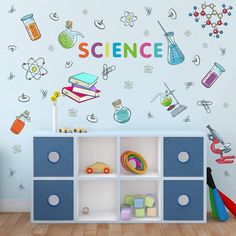 PRICES MAY VARY. ·►Scientific Apparatus Theme For Classroom Decoration：The colorful wall stickers are made up of all kinds of instruments for scientific experiments, when your children see it will be attracted, and can make them love science experiments. · ►Decoration Scenes: This wall decal are perfect for school decoration! It’s a great window cling or wall decal. Children’s room,science laboratory,classroom, kindergarten, nursery,door, blackboard,or school open party area are also great place Science Theme Nursery, Classroom Wall Decals, Laboratory Classroom, Science Room Decor, Science Bedroom, Biology Experiments, Experiment Science, Classroom Kindergarten, Science Wall