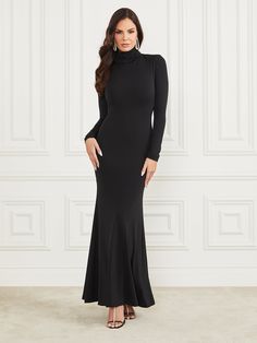 Fitted Maxi Bodycon Dress With Flattering Silhouette, Fitted Maxi Length Bodycon Dress With Flattering Silhouette, Fitted Maxi Length Bodycon Dress, Bodycon Maxi Dress With Flattering Silhouette, Formal Long Sleeve Maxi Dress With Flattering Silhouette, Fitted Maxi Dress For Dinner, Stretch High Neck Gala Dress, Stretch High Neck Dress For Gala, Fitted Floor-length Elastane Dress