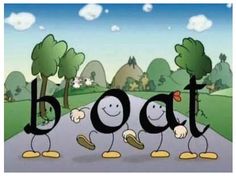 the word boat written in cartoon style with three people standing on road next to trees