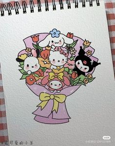 a drawing of a bouquet of flowers on a notepad with the words hello kitty written in chinese