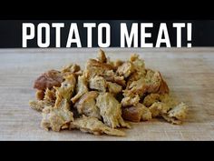 a pile of food sitting on top of a cutting board next to the words potato meat