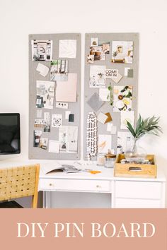 a white desk topped with a computer monitor next to a wall covered in pictures and magnets