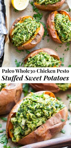 baked stuffed sweet potatoes with pesto on top and the words pale whole 30 chicken pesto stuffed sweet potatoes