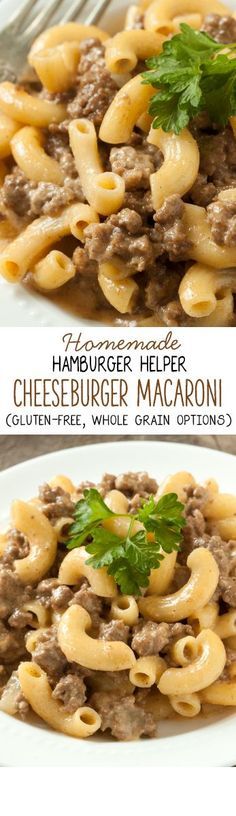 two plates of hamburger helper cheeseburger macaroni with parsley on top