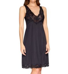 Your outfit would not be complete without this v-neck full slip. The lace trim adds a touch of sophistication. Made of knit polyamide (nylon). Gorgeous sheer floral lace at top front has princess seaming for bust shape, with scalloped edges that extend to front of straps. Armholes and top of back have picot edges. Wide straps do not adjust. Bottom hem has scalloped lace trim for a delicate touch. Hem comes to just above the knee for great coverage. Anti-static satin is semi-opaque and will not c Fitted V-neck Camisole With Contrast Lace, Black Lace V-neck Camisole, Lace V-neck Camisole With Contrast Lace, V-neck Lace Camisole With Contrast Lace, V-neck Camisole With Lace Trim, Black Feminine Camisole With Lace Trim, Feminine Black Camisole With Lace Trim, Lace Camisole With Lace Trim For Daywear, Lace Trim Camisole For Daywear