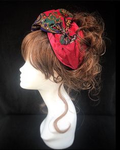 Boho red satin paisley rockabilly 1940s style turban head band. This is the newest design in a bohemian style featuring stain red quilted fabric with a double ruched quilled paisley layer creating a stunning wrap design. A real statement piece with a standard width inner Alice band attached within the lining to provide an easy to wear design. These bands are designed to sit above the pressure point so is the ultimate in comfort This unique creation is a stunning example of a vintage inspired acc Red Bohemian Headscarf Headband, Red Bohemian Headband Headscarf, Traditional Red Headwrap Headband, Bohemian Bandana Print Headwrap, Red One-size Headscarf In Headband Shape, Red One-size Headband Headscarf, Headscarf Vintage, Satin Turban, Vintage Turban