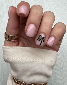 30 Palm Tree Nails for a Tropical Summer Manicure - The Beauty Pursuit Palm Tree Nails Short, Palm Tree Design Nails, Palm Nail Art, Nails With Palm Tree Design, Pink Palm Tree Nails, Palms Nails, Palm Trees Nails, Barbados Nails, Palm Leaf Nails