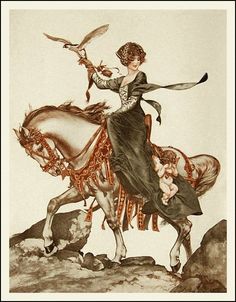 a woman riding on the back of a white horse next to a man holding a bird