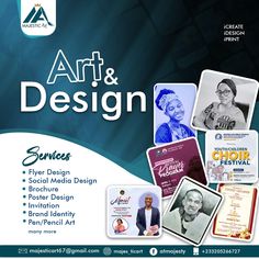 an advertisement for art and design with various pictures on it's front cover,