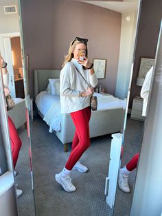 Red Legging Outfits, Red Athleisure Outfit, Red Athletic Outfit, Red Leggings Outfit Workout, Bright Leggings Outfit, Red Leggings Outfit Winter, Red Lululemon Leggings Outfit, Outfits With Red Leggings, Red Leggings Outfit Casual