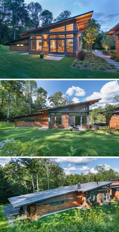 three different views of a house in the woods with grass and trees on both sides