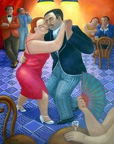 a painting of two people dancing together in a room with other people and one person holding an umbrella