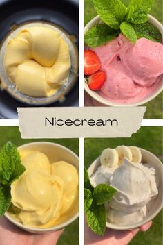 four different pictures of ice cream in bowls with mint leaves and strawberries on top