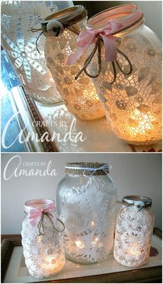 mason jars are decorated with lace and lights