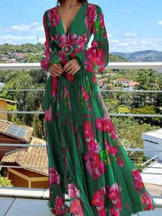 Boho Long Dress, Dress Casual Long, Party Dress Women, Chiffon Party Dress, Boho Dresses Long, Floral Print Design, Long Dress Casual, Party Dresses For Women, Deep V Neck