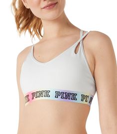 Stay comfy and supported during your workouts or hangouts with these 24 popular sports bras! From high impact to low impact, we've got you covered. #sportsbras #workoutgear #activewear #fitnessfashion #comfortfirst #athleisure #gymessentials #supportive #stayactive #comfyandcute Strappy Sports Bras, Pink Logo, Bra Lingerie