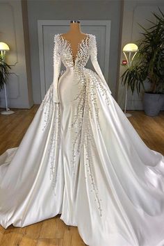 Glamorous Long Sleeve Pearls Wedding Dress V-Neck With Detachable Train Online-Ballbella White Wedding Gown, 2021 Prom Dresses, Pearl Wedding Dress, Long Sleeve Bridal Gown, Long Sleeve Evening Gowns, Detachable Train, White Wedding Dress, Olivia Culpo, White Prom Dress