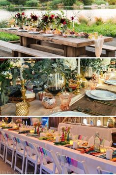 an outdoor table set up with flowers and candles