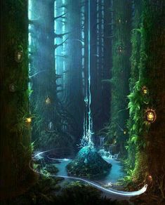 a fantasy forest scene with trees and lights