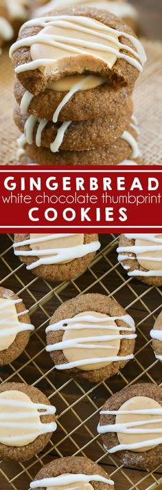 gingerbread cookies with white chocolate hummus and frosting on top are sitting on a cooling rack