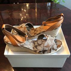 These Shoes Are New With All Original Packaging. Coach Brown Open Toe Sandals, Coach Almond Toe Heels For Spring, Spring Coach Almond Toe Heels, Casual Summer Coach Heels, Coach Brown Leather Sandals, Coach Brown High Heel Sandals, Brown Coach High Heel Sandals, Coach Spring Heels With Round Toe, Chic Brown Coach Sandals