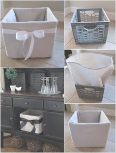 several pictures of different types of storage bins with bows on the top and bottom