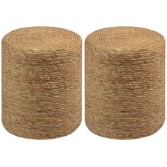 two round jute stools on white background