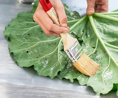 a person holding a paint brush on top of a large green leaf with leaves around it