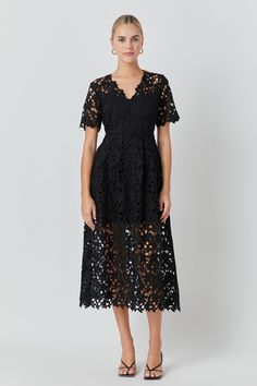 ENDLESS ROSE - All Over Lace Short Sleeves Midi Dress - DRESSES available at Objectrare Short Summer Skirts, Lace Body, Lace Overlay Dress, Mom Dress, Tweed Dress, Midi Short Sleeve Dress, Lace Midi Dress, Romper With Skirt, Dress Cuts