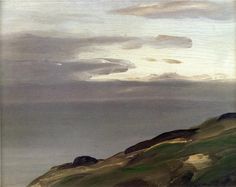 an oil painting of sheep grazing on the side of a hill with clouds in the sky