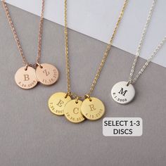 "**MOTHER AND CHILD NECKLACE, made from sterling silver with silver, gold plated or rose gold plated finishing color. This necklace is a special gift for moms & grandmas that each disc charm can be personalized with her kids' initial & date of birth. (Select from 1-3 disc charms) I T E M ∙ D E T A I L S * Word limits: 1 initial + 1 date of birth/ charm * By default, silver items comes with BLACK engraving and gold-plated item comes with CLEAR engraving. * Material: Sterling silver * Finishing co Customizable Rose Gold Necklaces For Anniversary Gift, Customizable Rose Gold Necklaces For Anniversary, Customized Rose Gold Necklaces, Customized Round Rose Gold Necklace, Customized Rose Gold Necklace, Customizable Rose Gold Sterling Silver Charm Necklaces, Rose Gold Sterling Silver Charm Necklace For Anniversary, Customized Rose Gold Necklaces As Gifts, Customized Rose Gold Round Pendant Necklace