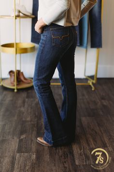 Top of the line, premium denim, proudly made in the U.S.A. Dark wash denim with whisker wash hand sanding. Kimes "horns" light copper back pocket stitch. Thick quality woven denim that holds you in smooth and snug without digging in at the waist band. 11.5" high rise, based on a size 6. Rise will be slightly lower for smaller sizes and slightly higher for larger sizes. Rise sits slightly higher in the back. Uniquely designed waistband gives enough to conform to your body so that it's forgiving. Ariat Jeans, Workwear Boots, Farm Clothes, Dark Denim Jeans, Slim Trousers, Jumpsuit Shorts Rompers, Dark Wash Denim, Best Jeans, Casual Denim