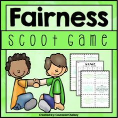 a pair of children shaking hands with the word fairness in front of them on a green background