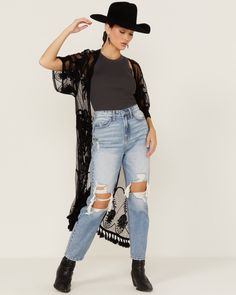 Black Lace Duster, Black Lace Sweater, Western Sweaters, Lace Duster, Longline Sweater, Black Lace Fabric, Boho Poncho, Leopard Print Cardigan, Jeans Shirt