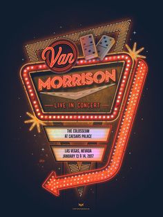 the marquee sign for van morrison's live in concert is lit up