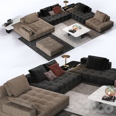 two different couches are shown in the same room, one is black and brown