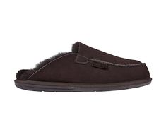 Outdoor Brown Slippers With Leather Footbed, Brown Suede Moccasins For Outdoor, Brown Suede Slippers With Stitched Sole, Brown Moccasins With Cushioned Footbed, Brown Slip-on Slippers With Stitched Sole, Brown Slippers With Rubber Sole And Plain Toe, Brown Slip-on Slippers With Removable Insole, Comfortable Brown Plain Toe Moccasins, Comfortable Brown Moc Toe Slip-ons