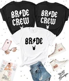 two shirts that say bride crew and the other one says bride crew with black letters on them