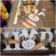 two different pictures of wooden letters with bunny ears