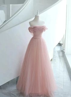 Pink Tulle Scoop A-line Floor Length Party Dress, Pink Off Shoulder Fo – classygown Fitted A-line Dress For Debutante Ball, Pink A-line Dress With Sweep Train, Off Shoulder Formal Dress, 18th Debut, Vestido Charro, Party Dress Pink, Princess Vibes, Color Rush, Tulle Sleeves