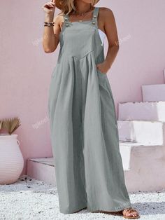 Waist Line:Natural \nDetails:Button \nStyle:Casual \nDetails:Pocket \nNeckline:Straps \nColor:Light Grey \nPattern Type:Plain \nType:Overall \nSleeve Length:Sleeveless \nLength:Long \nFit Type:Regular Fit \nFabric:Non-Stretch \nMaterial:Woven Fabric \nComposition:95% Polyester \nComposition:5% Elastane \nCare Instructions:Machine wash or professional dry clean \nPockets:Yes \nBody:Unlined \nSheer:No \n Overall Jumpsuit, Suspender Pants, Plus Size Jumpsuit, Woven Fabric, Light Grey, Overalls, Dry Clean, Jumpsuit, Plus Size