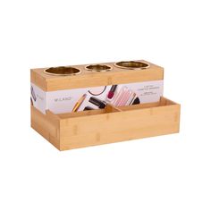 two wooden containers filled with makeup and other items